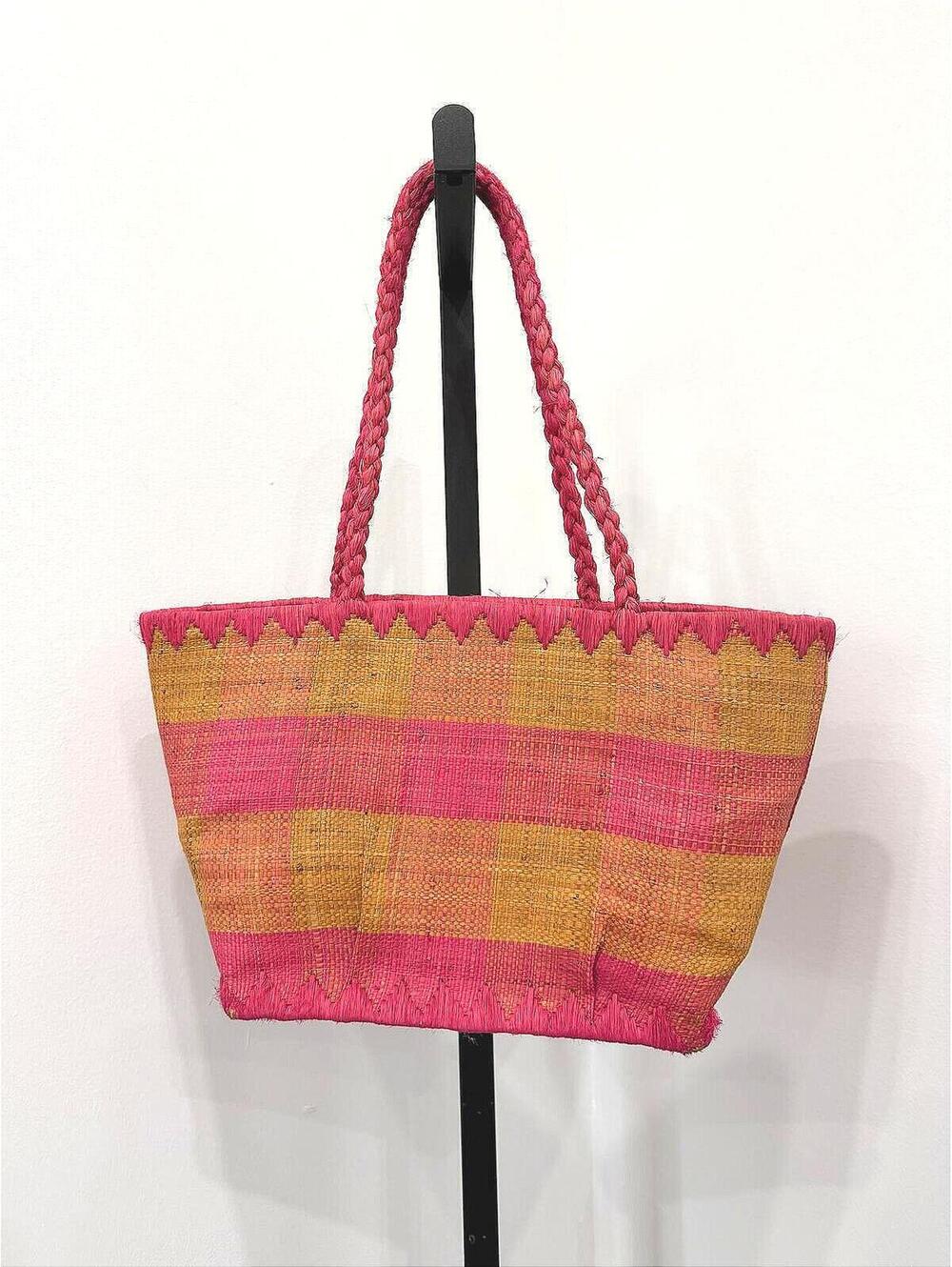 Vintage Annabel Ingall Pink and Natural Raffia Tote Bag